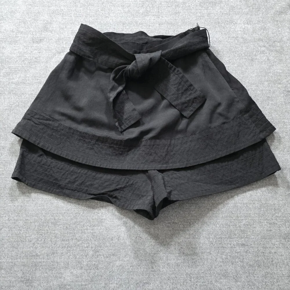 Maje Iloz Tiered Short Women 36 Black High Rise Pockets Belt Side Zip Goth Twill